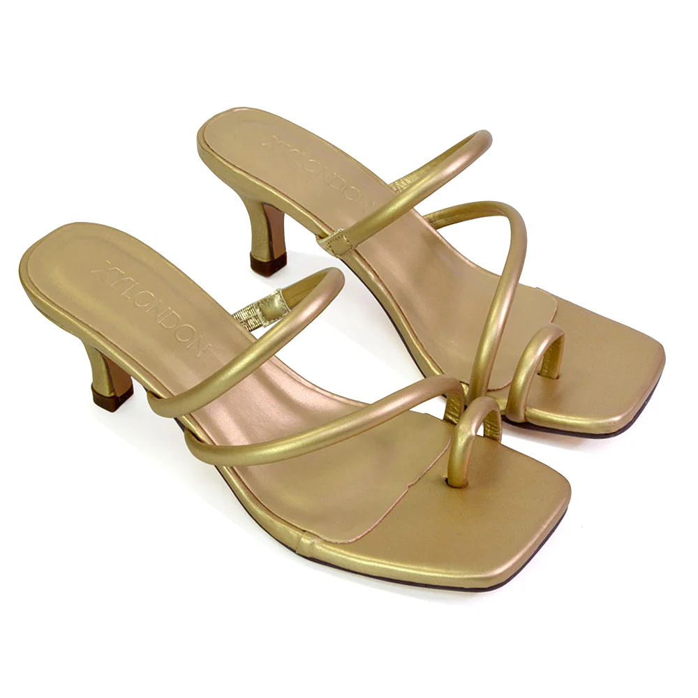 Prancy Toe Post Ring Strappy Square Toe Slip on Kitten Heel Mule Sandals in Gold - Image 81