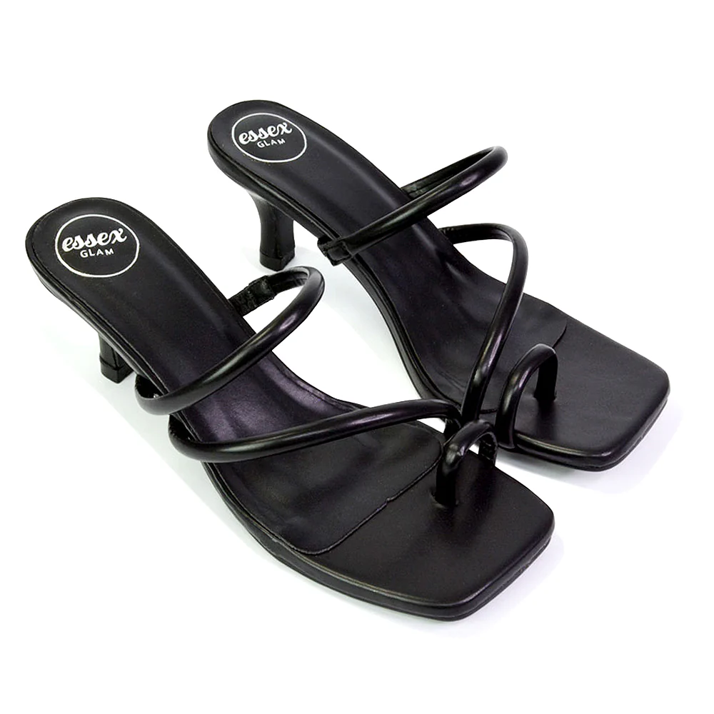 Prancy Toe Post Ring Strappy Square Toe Slip on Kitten Heel Mule Sandals in White - Image 101