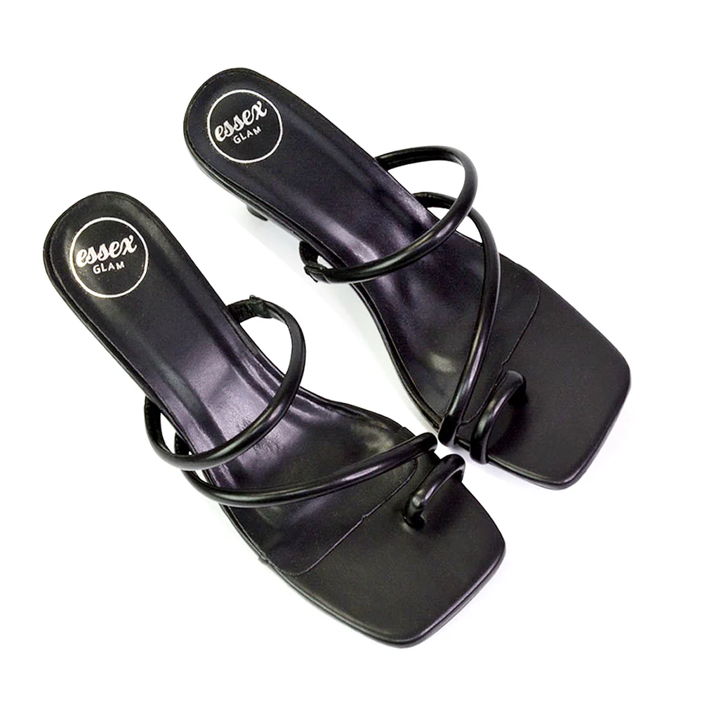 Prancy Toe Post Ring Strappy Square Toe Slip on Kitten Heel Mule Sandals in White - Image 112