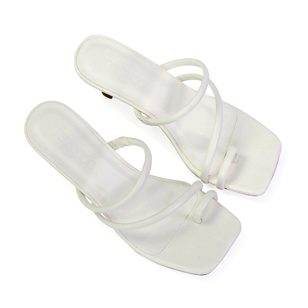 Prancy Toe Post Ring Strappy Square Toe Slip on Kitten Heel Mule Sandals in White - Image 2