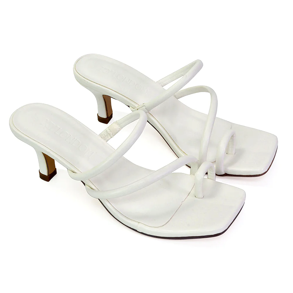 Prancy Toe Post Ring Strappy Square Toe Slip on Kitten Heel Mule Sandals in White - Image 6