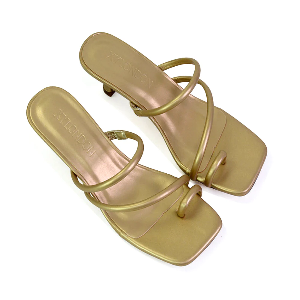Prancy Toe Post Ring Strappy Square Toe Slip on Kitten Heel Mule Sandals in White - Image 72