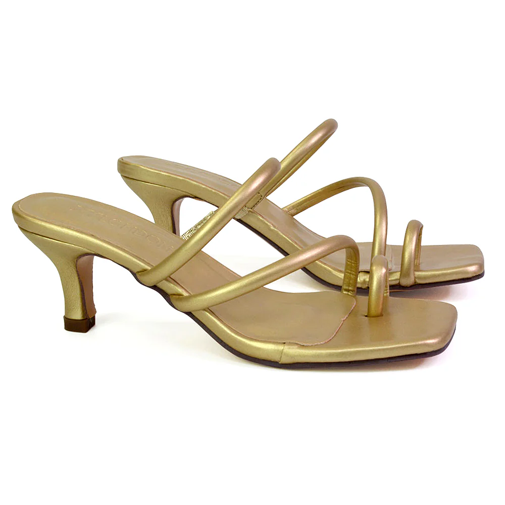 Prancy Toe Post Ring Strappy Square Toe Slip on Kitten Heel Mule Sandals in White - Image 79