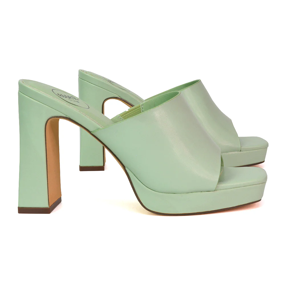 Presley Square Toe Strappy Platform Block High Heel Mule Sandals in Shell PInk - Image 10