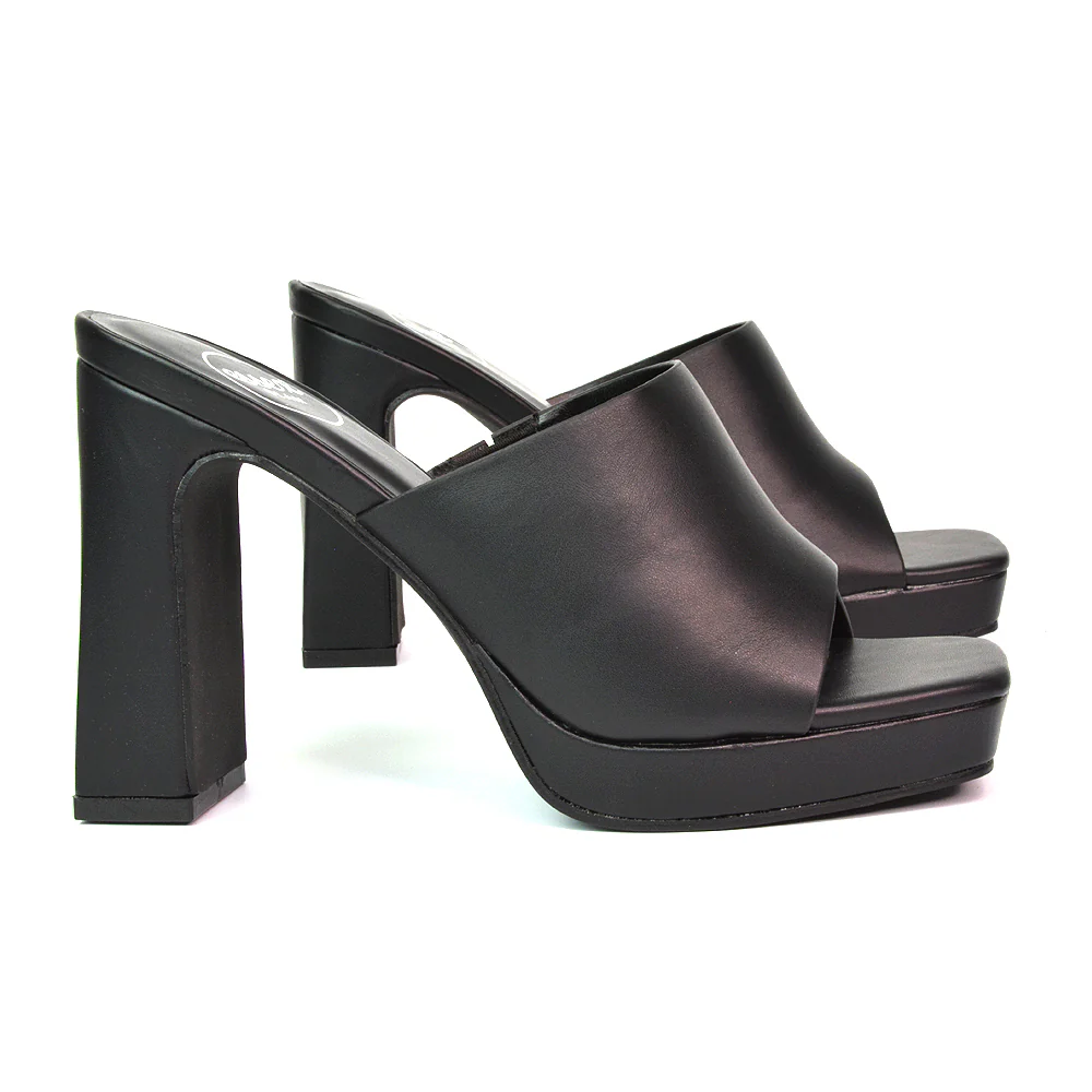 Presley Square Toe Strappy Platform Block High Heel Mule Sandals in White - Image 111