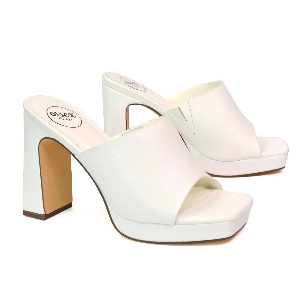 Presley Square Toe Strappy Platform Block High Heel Mule Sandals in White - Image 45