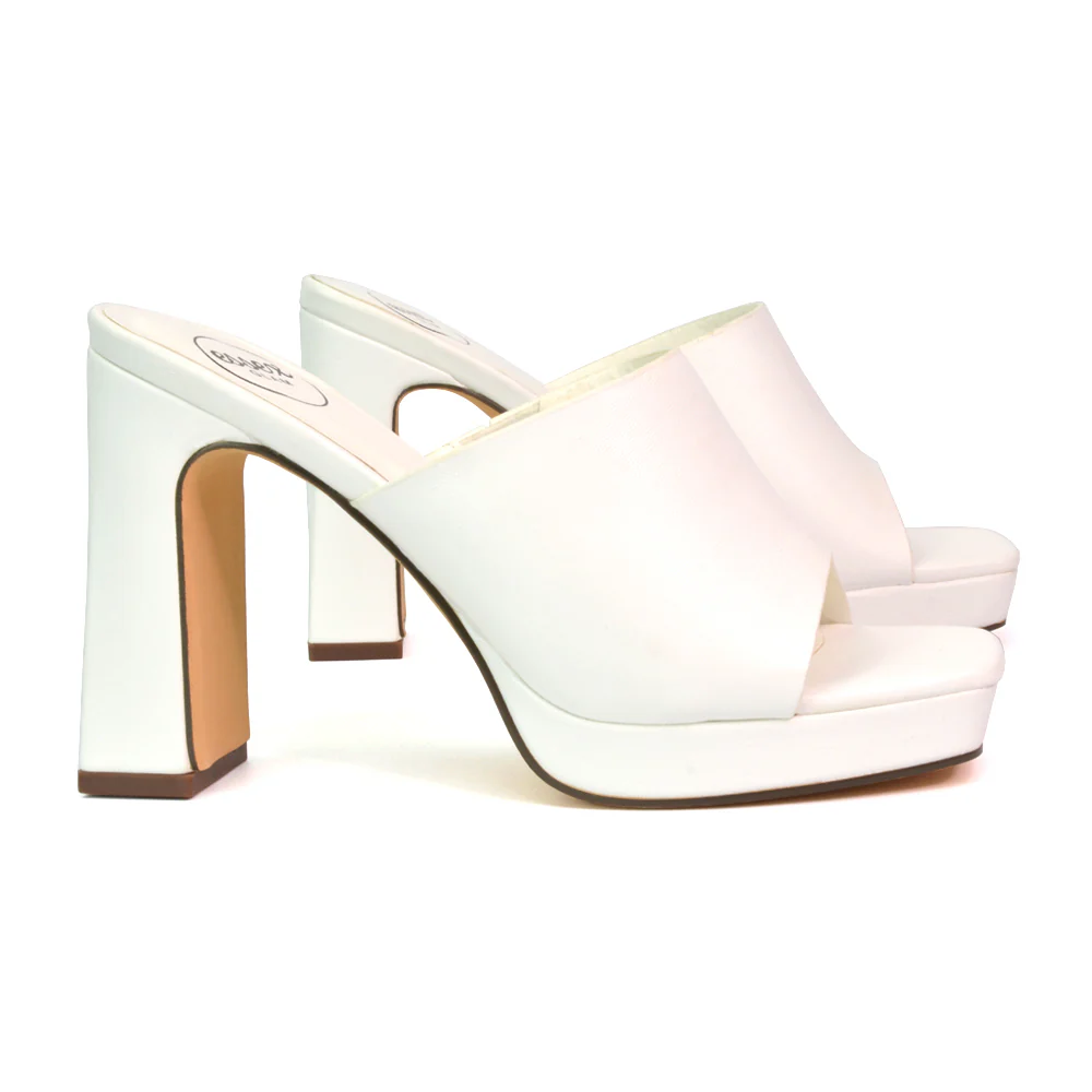 Presley Square Toe Strappy Platform Block High Heel Mule Sandals in White - Image 46