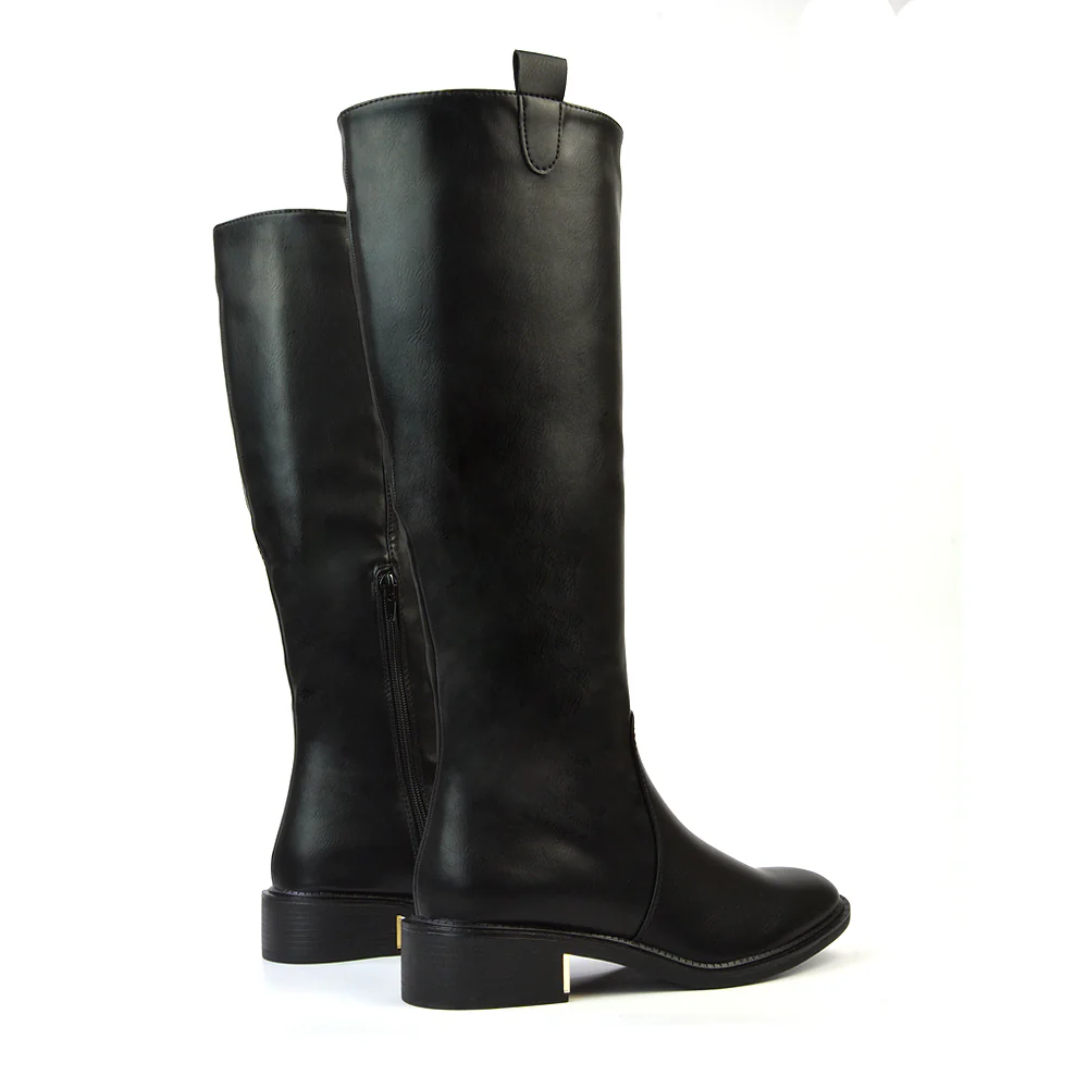 Prince Winter Flat Knee High Boots With Inside Zip in Brown Synthetic Leather - Image 26