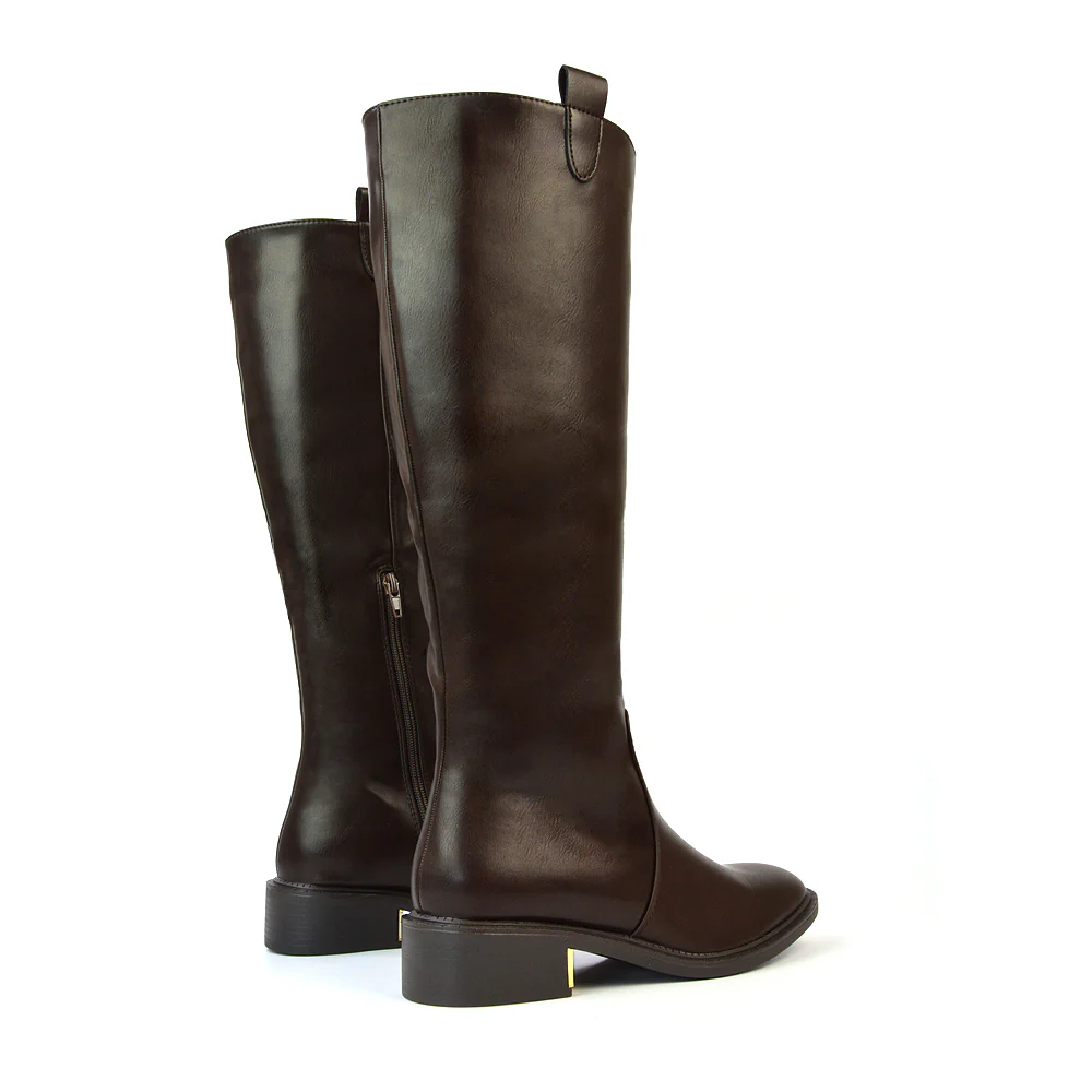 Prince Winter Flat Knee High Boots With Inside Zip in Brown Synthetic Leather - Image 7