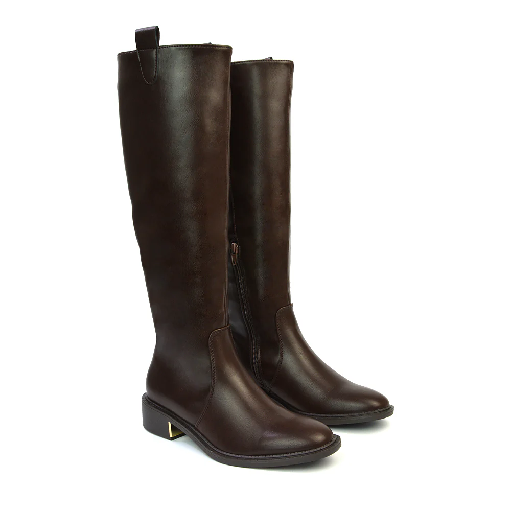 Prince Winter Flat Knee High Boots With Inside Zip in Brown Synthetic Leather - Image 9