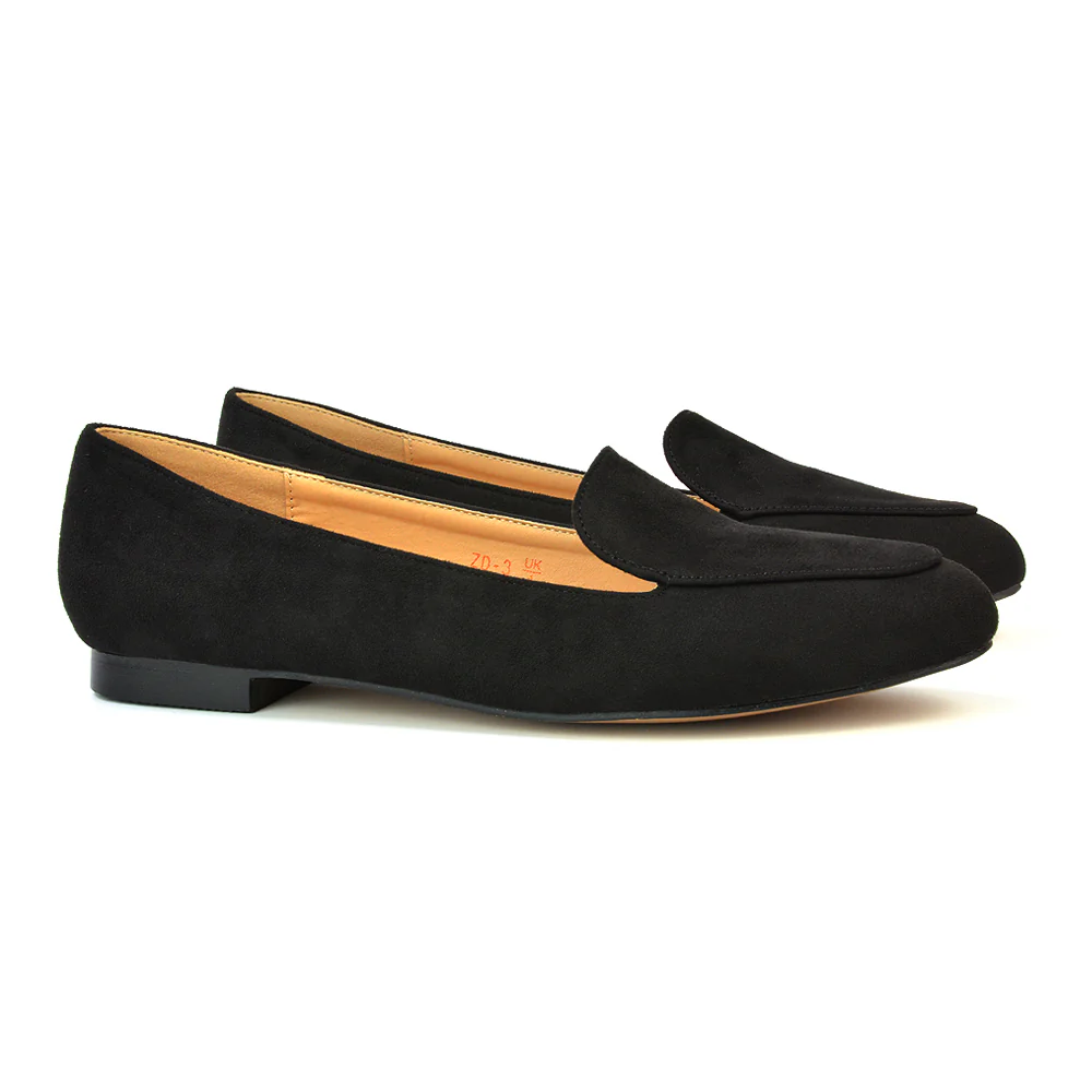 Quincy Slip On Low Heel Back to School Shoes Pumps Loafers in Black Faux Suede - Image 78