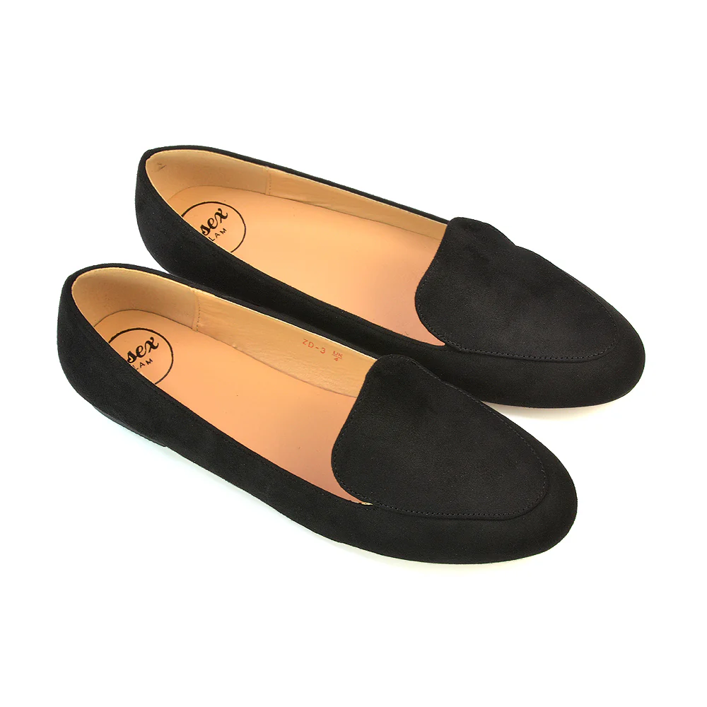 Quincy Slip On Low Heel Back to School Shoes Pumps Loafers in Black Faux Suede - Image 79