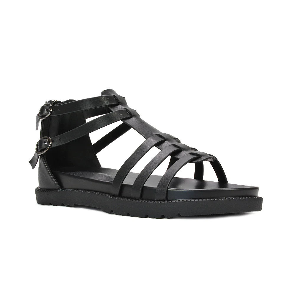 Quinn Flatform Gladiator Strappy Caged Summer Sandals in Black Synthetic Leather - Image 2