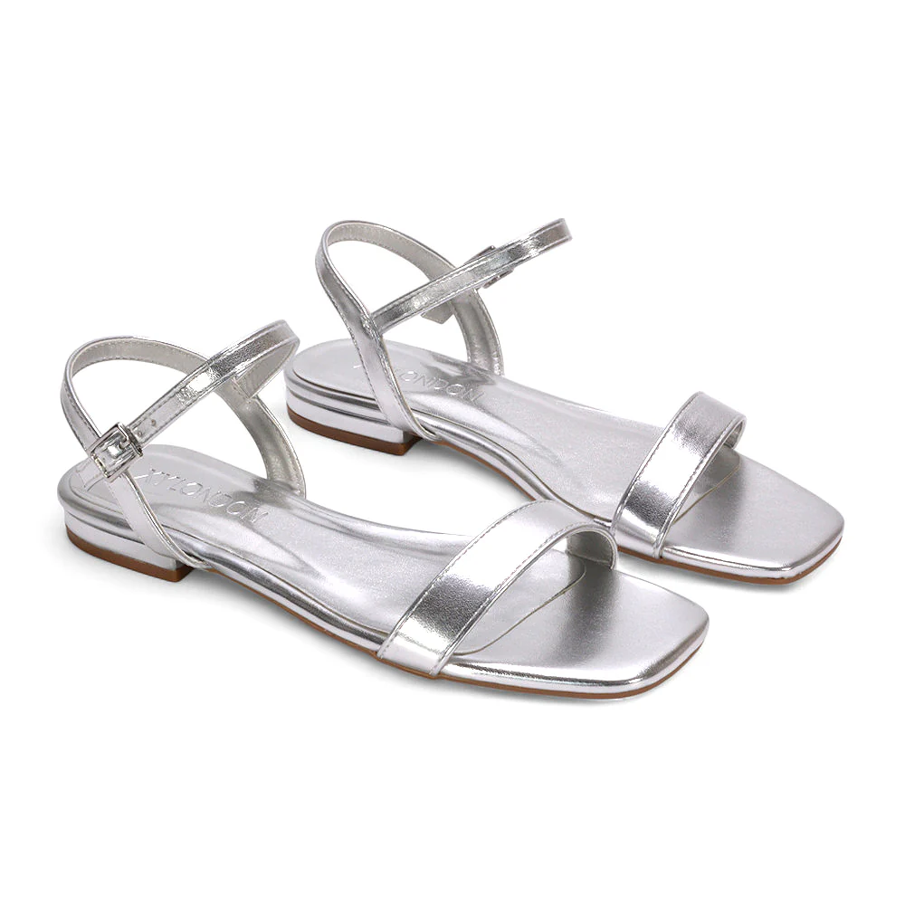 Raegan Square Toe Flat Sandals with Ankle Strap in Black Synthetic Leather - Image 15