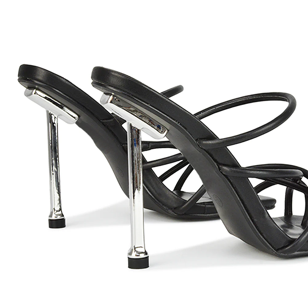 Raelynn Strappy Square Toe Metallic Stiletto High Heels in Black Synthetic Leather - Image 17