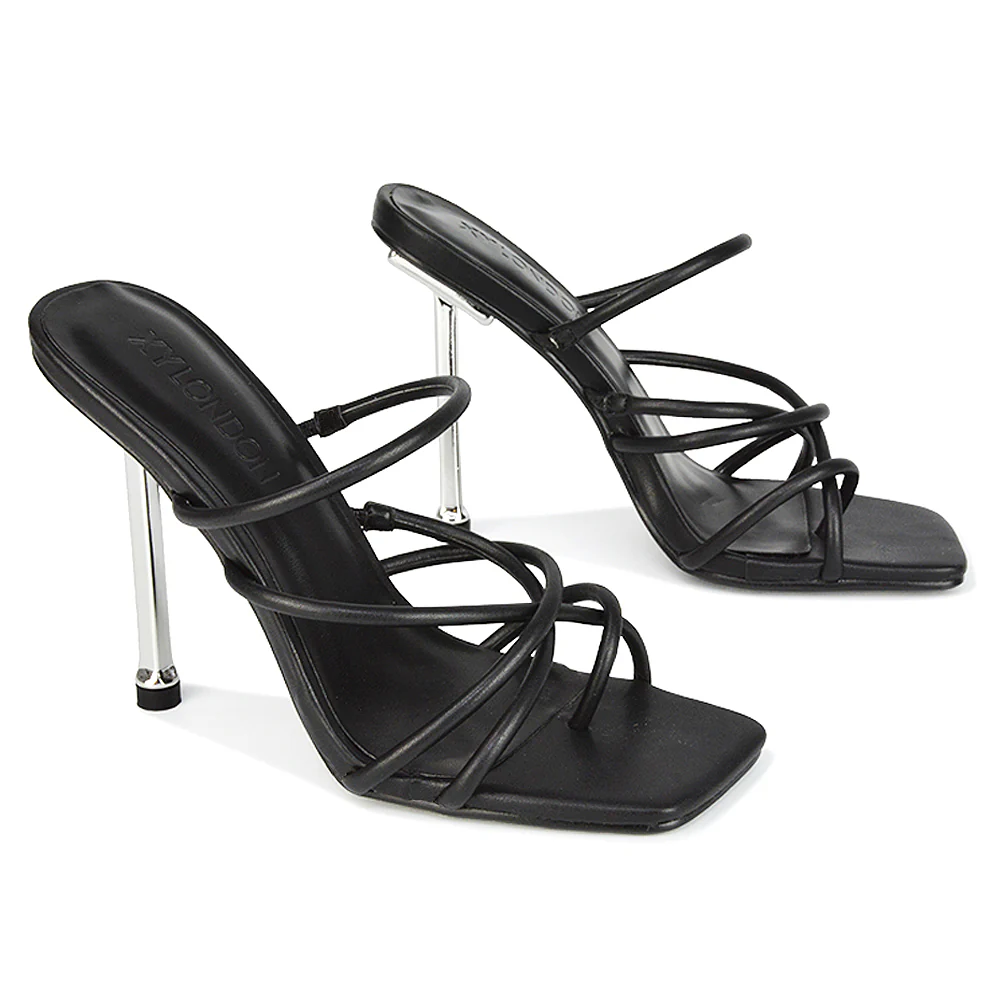 Raelynn Strappy Square Toe Metallic Stiletto High Heels in Black Synthetic Leather - Image 24