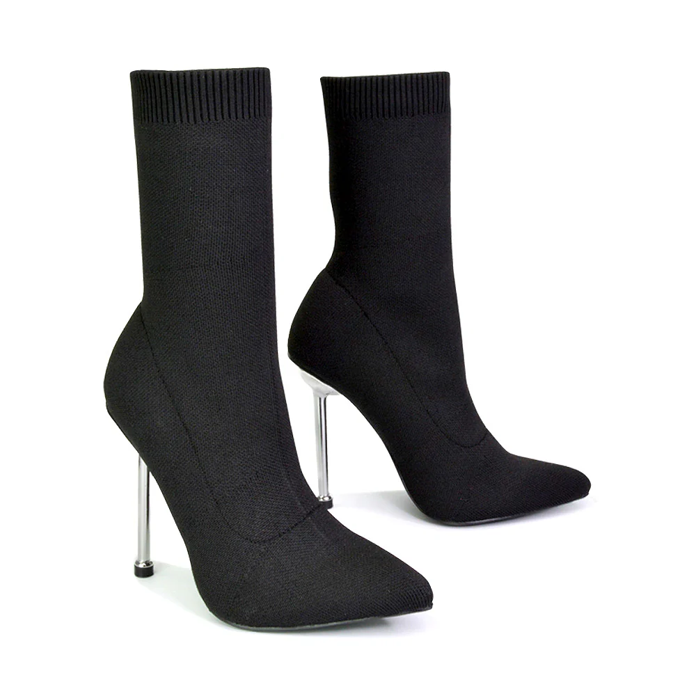 Raya Metallic Stiletto High Heel Knitted Ribbed Sock Ankle Boots Heels in Black - Image 99
