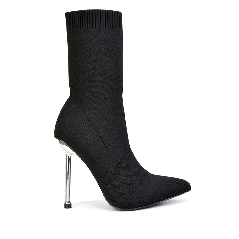 Raya Metallic Stiletto High Heel Knitted Ribbed Sock Ankle Boots Heels in Brown - Image 108