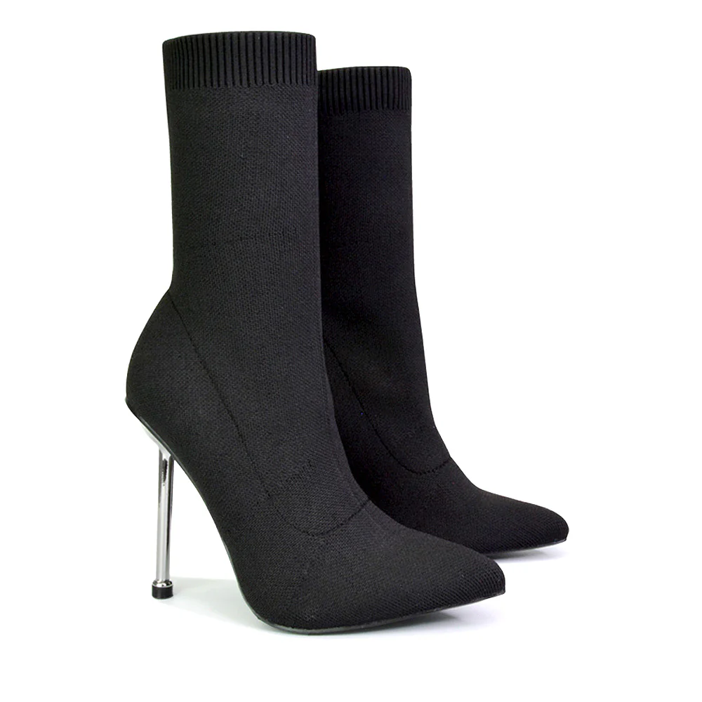 Raya Metallic Stiletto High Heel Knitted Ribbed Sock Ankle Boots Heels in Red - Image 121