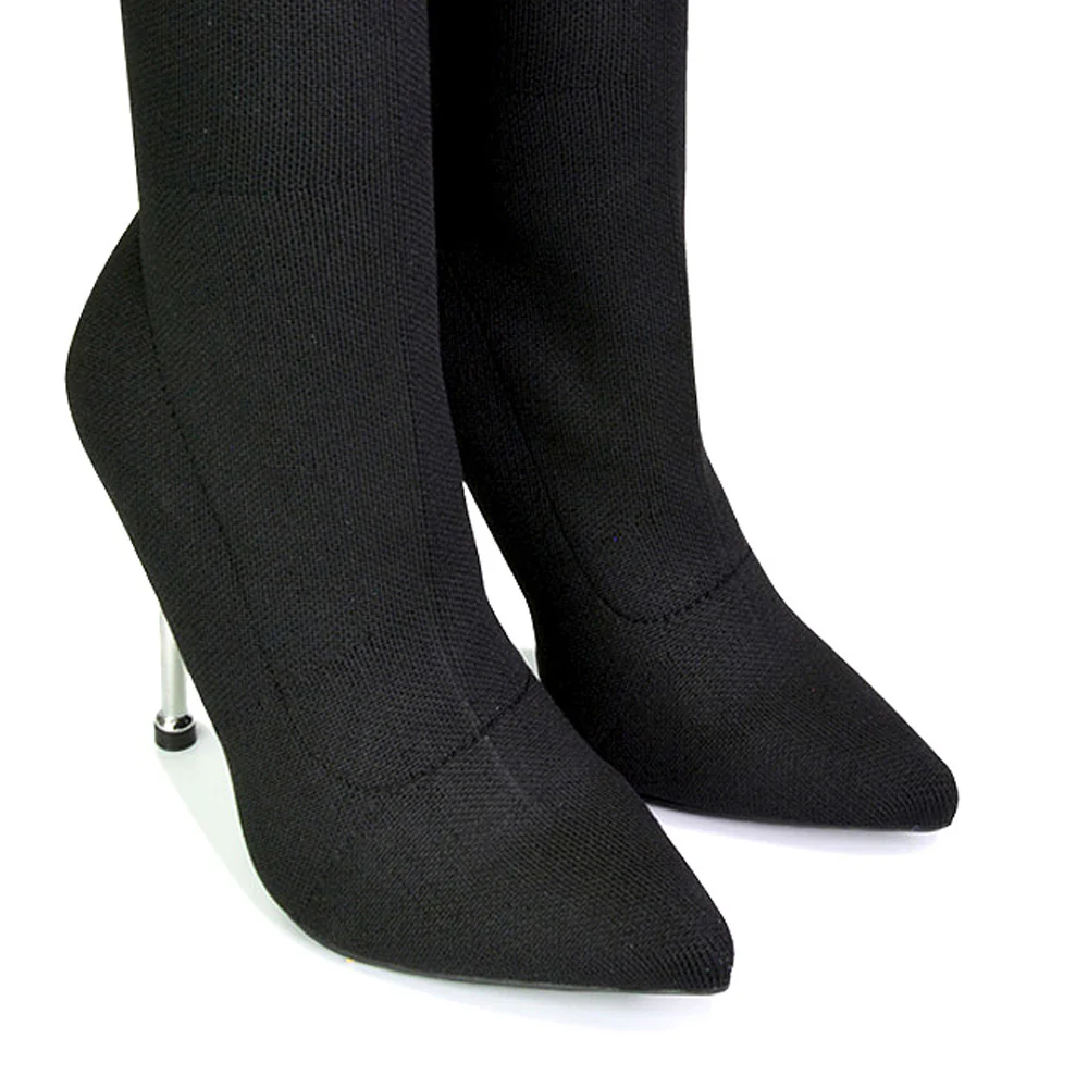 Raya Metallic Stiletto High Heel Knitted Ribbed Sock Ankle Boots Heels in Red - Image 122