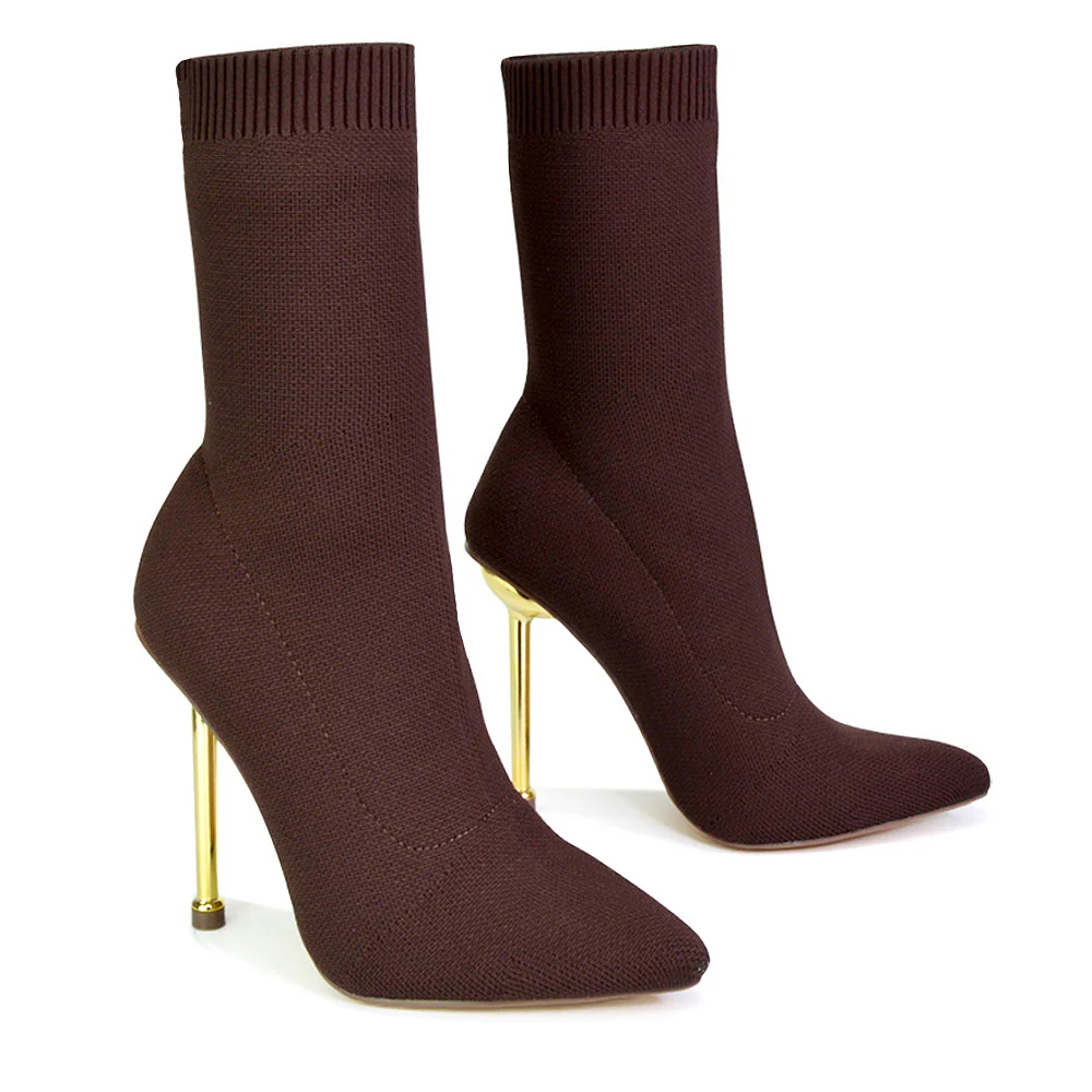 Raya Metallic Stiletto High Heel Knitted Ribbed Sock Ankle Boots Heels in Red - Image 19