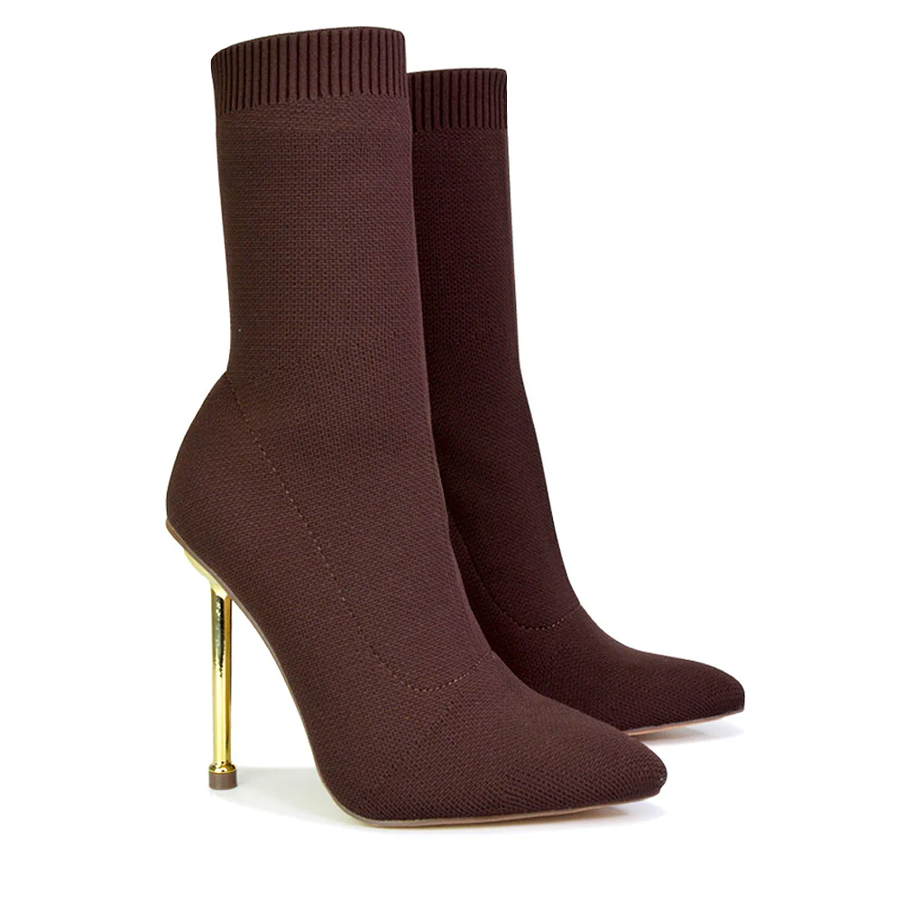 Raya Metallic Stiletto High Heel Knitted Ribbed Sock Ankle Boots Heels in Red - Image 21