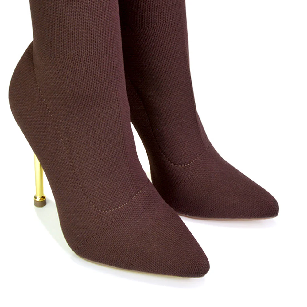 Raya Metallic Stiletto High Heel Knitted Ribbed Sock Ankle Boots Heels in Red - Image 27