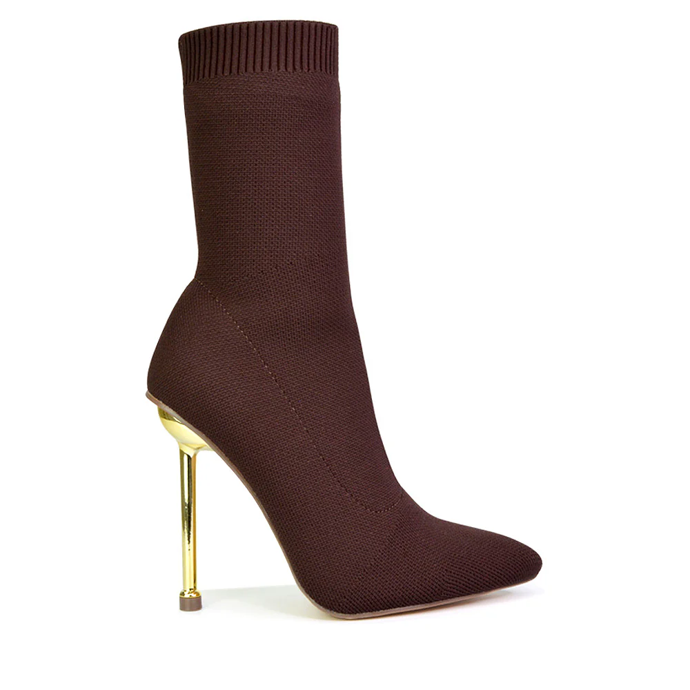 Raya Metallic Stiletto High Heel Knitted Ribbed Sock Ankle Boots Heels in Red - Image 28