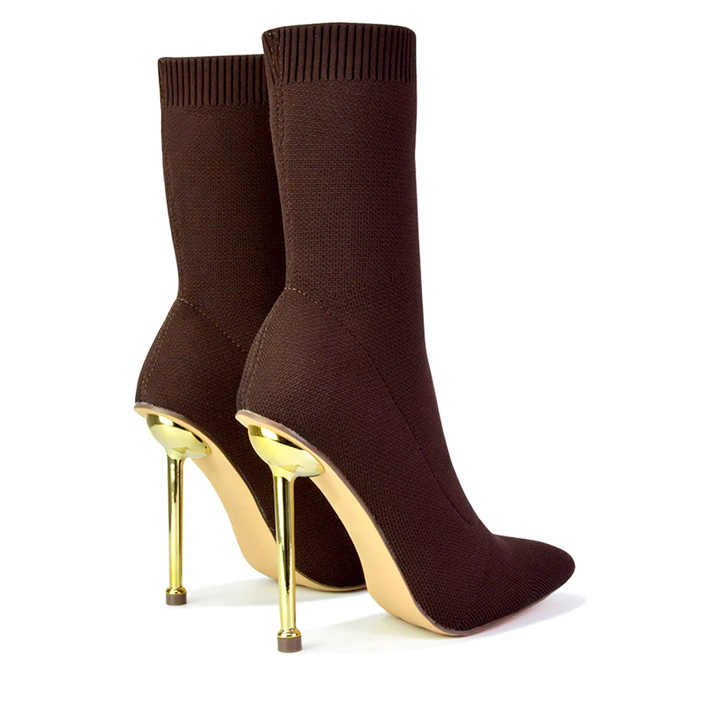 Raya Metallic Stiletto High Heel Knitted Ribbed Sock Ankle Boots Heels in Red - Image 30