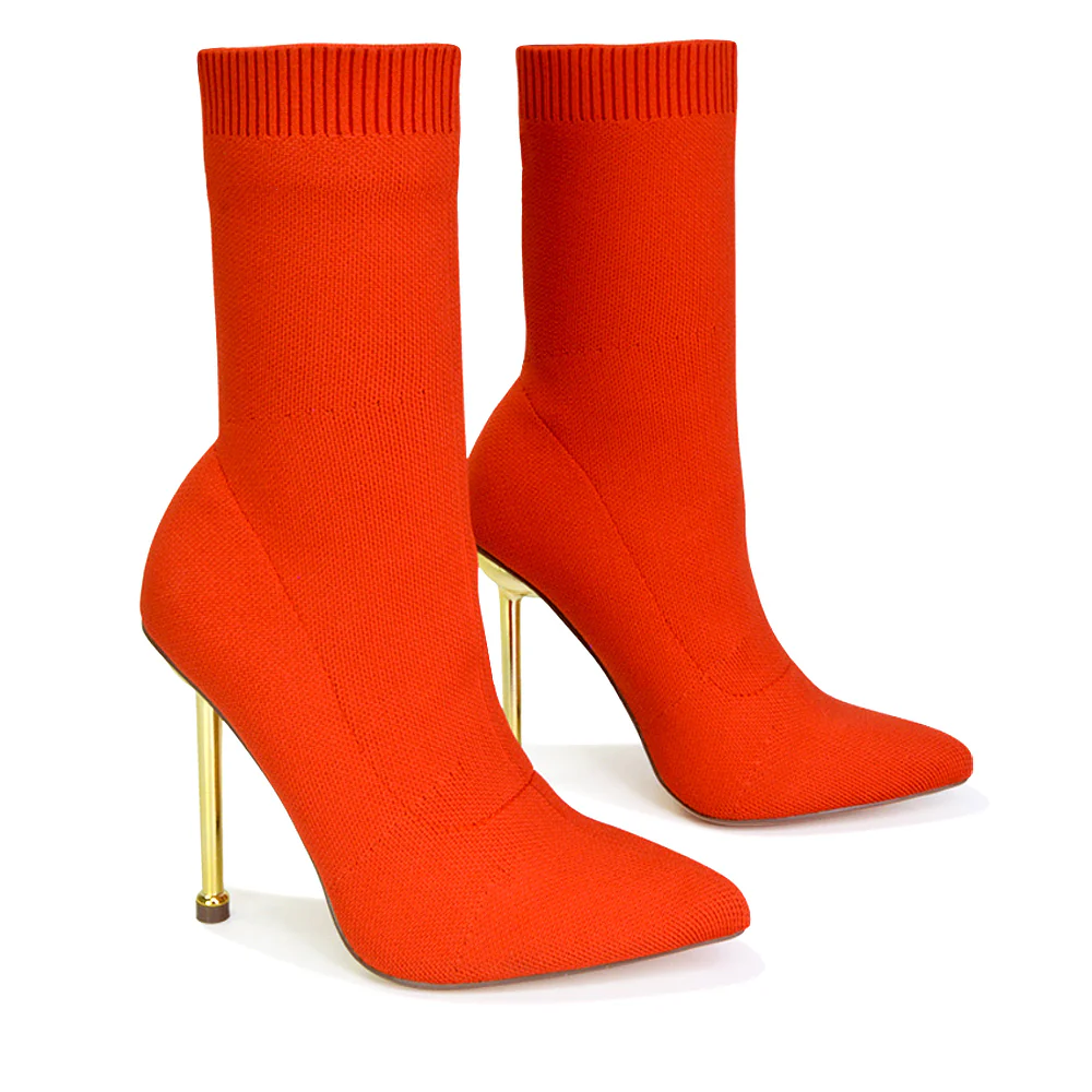 Raya Metallic Stiletto High Heel Knitted Ribbed Sock Ankle Boots Heels in Red - Image 39