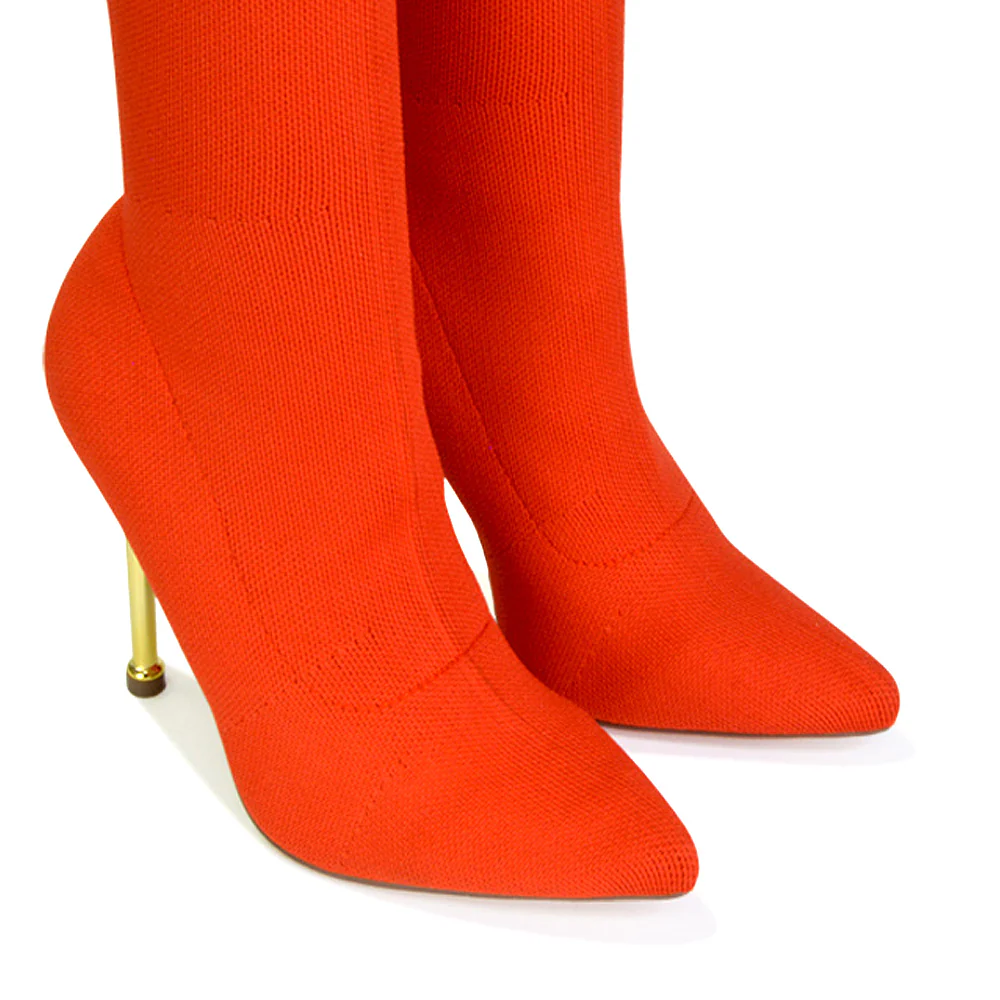 Raya Metallic Stiletto High Heel Knitted Ribbed Sock Ankle Boots Heels in Red - Image 47
