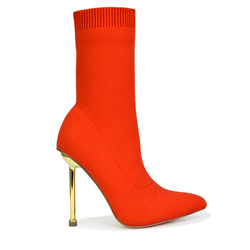 Raya Metallic Stiletto High Heel Knitted Ribbed Sock Ankle Boots Heels in Red - Image 53