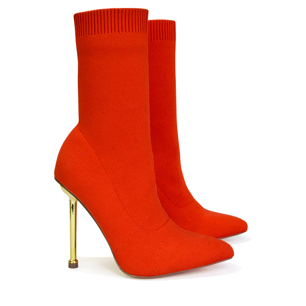 Raya Metallic Stiletto High Heel Knitted Ribbed Sock Ankle Boots Heels in Red - Image 61