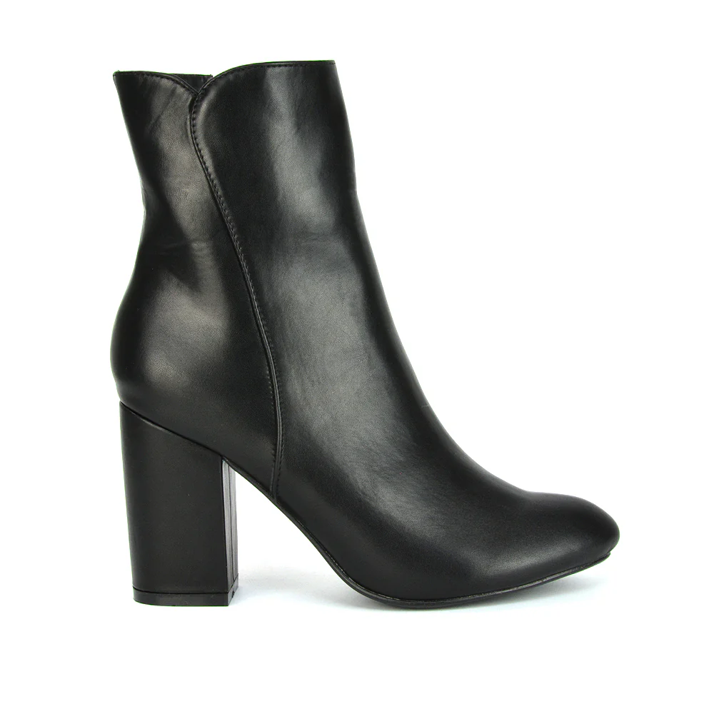 Rayla Pointed Toe Zip-Up Mid Block High Heel Ankle Boots in Black Synthetic Leather - Image 14