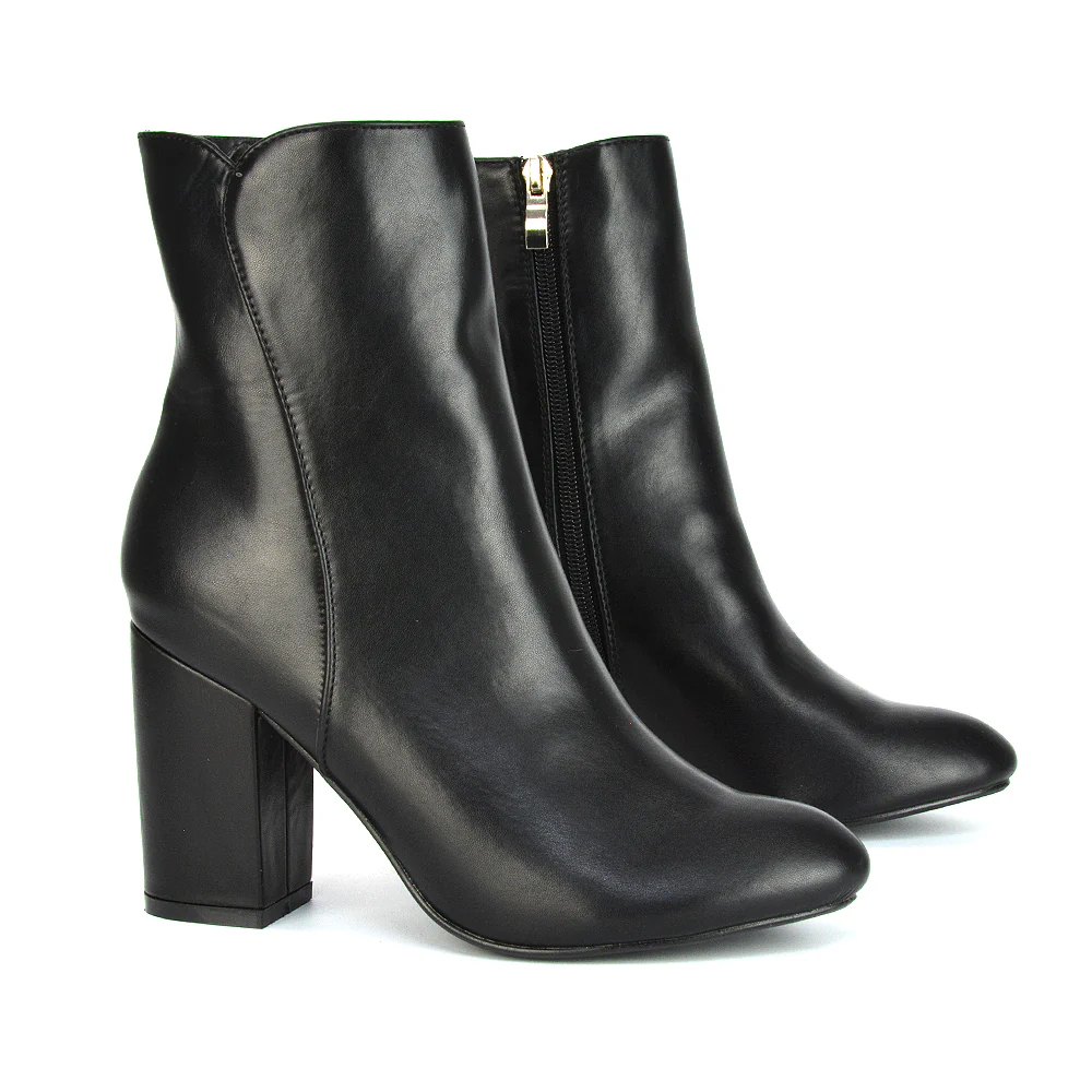 Rayla Pointed Toe Zip-Up Mid Block High Heel Ankle Boots in Black Synthetic Leather - Image 19