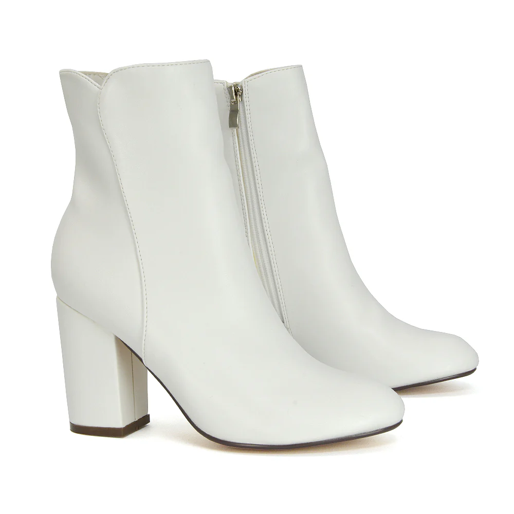 Rayla Pointed Toe Zip-Up Mid Block High Heel Ankle Boots in Tan Synthetic Leather - Image 25