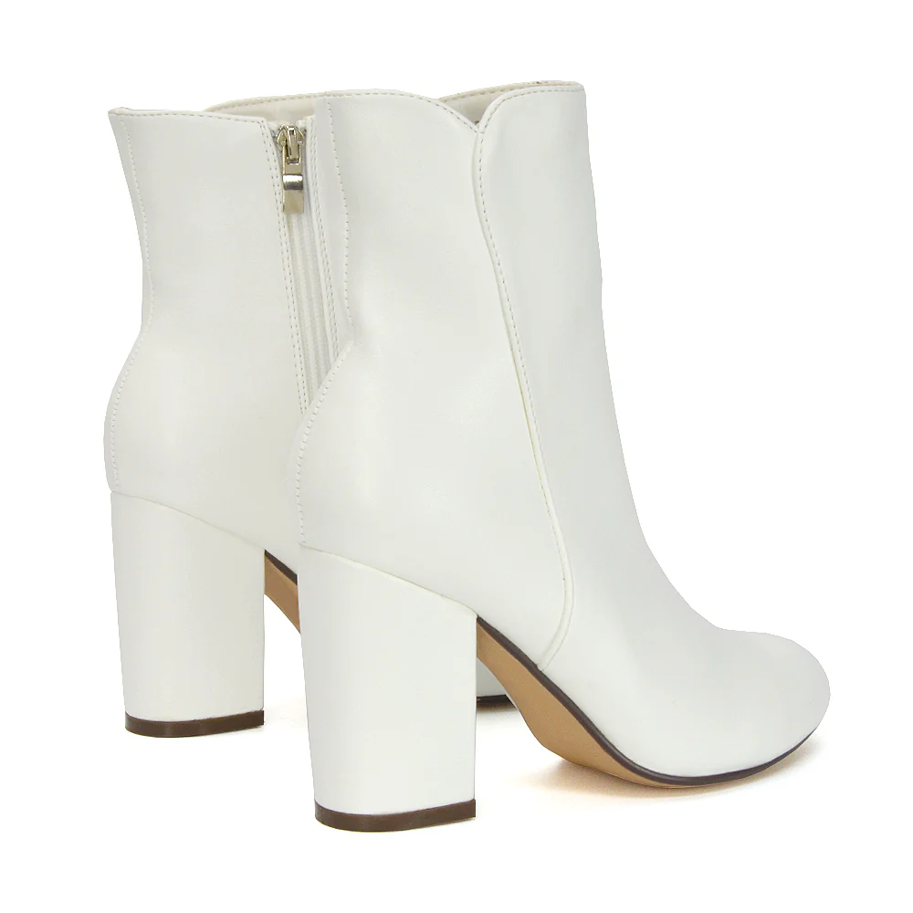Rayla Pointed Toe Zip-Up Mid Block High Heel Ankle Boots in Tan Synthetic Leather - Image 33