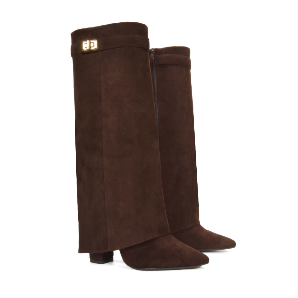 Rayna Pointed Toe Fold Over Knee High Boots With Block Heel in Black Faux Suede - Image 20