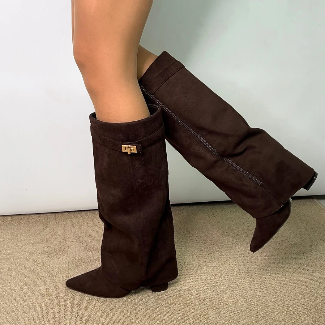 Rayna Pointed Toe Fold Over Knee High Boots With Block Heel in Brown Faux Suede - Image 2