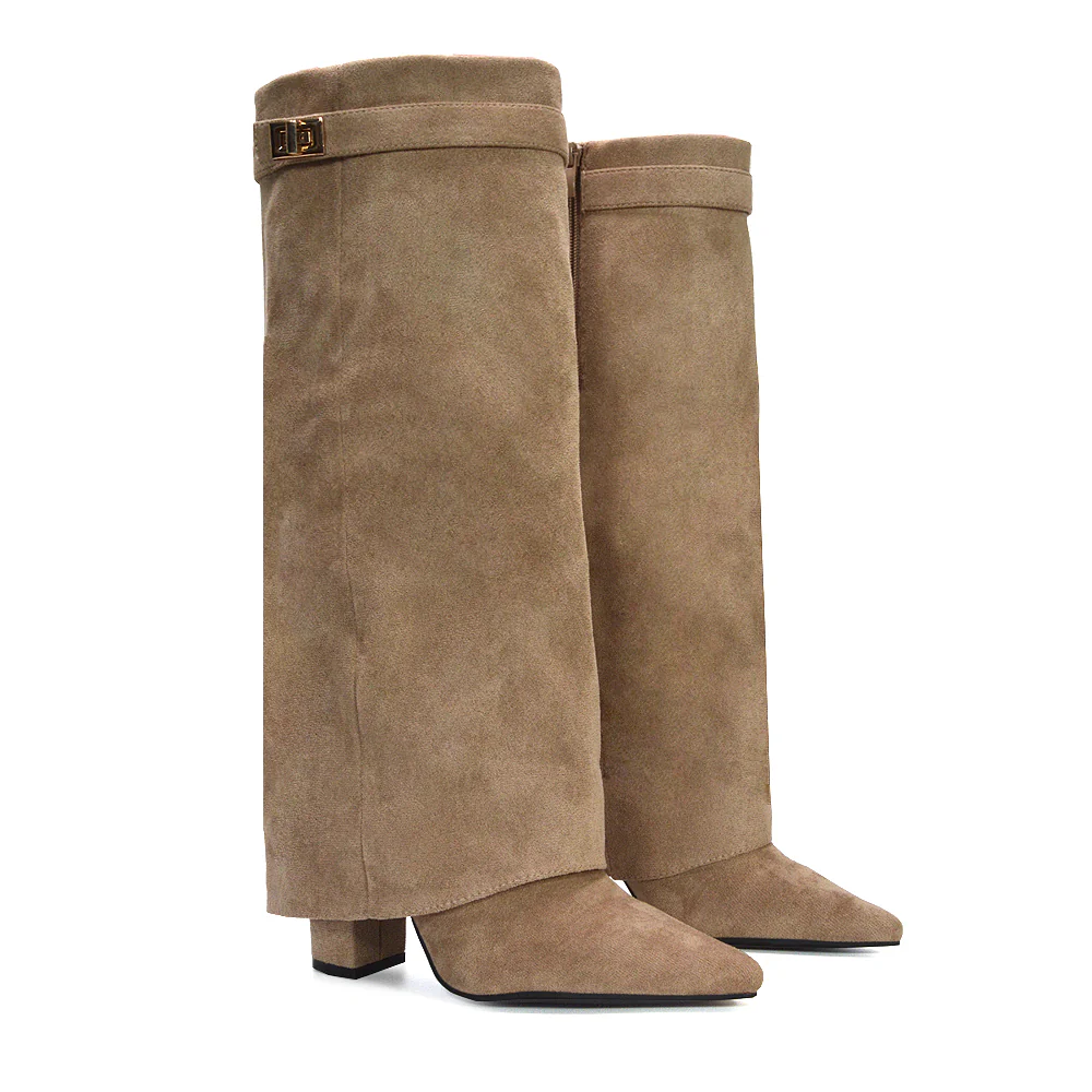 Rayna Pointed Toe Fold Over Knee High Boots With Block Heel in Brown Synthetic Leather - Image 20