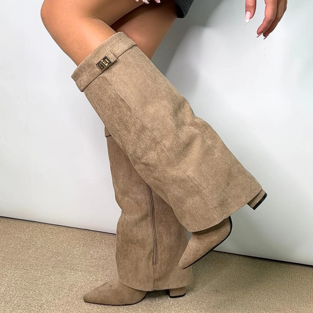 Rayna Pointed Toe Fold Over Knee High Boots With Block Heel in Taupe Faux Suede - Image 2