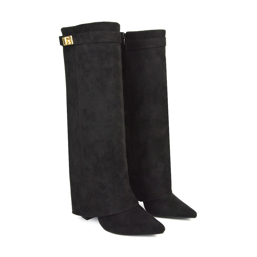 Rayna Pointed Toe Fold Over Knee High Boots With Block Heel in Taupe Faux Suede - Image 21