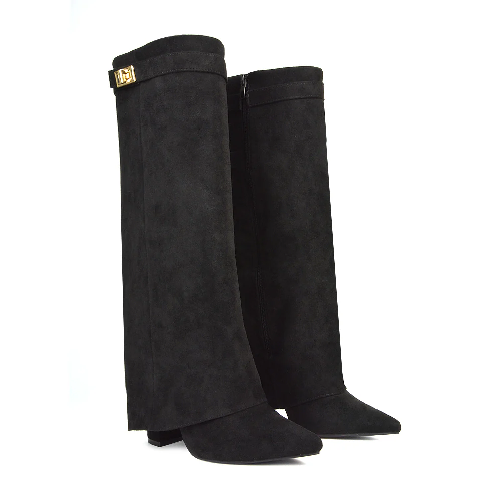 Rayna Pointed Toe Fold Over Knee High Boots With Block Heel in Taupe Faux Suede - Image 23