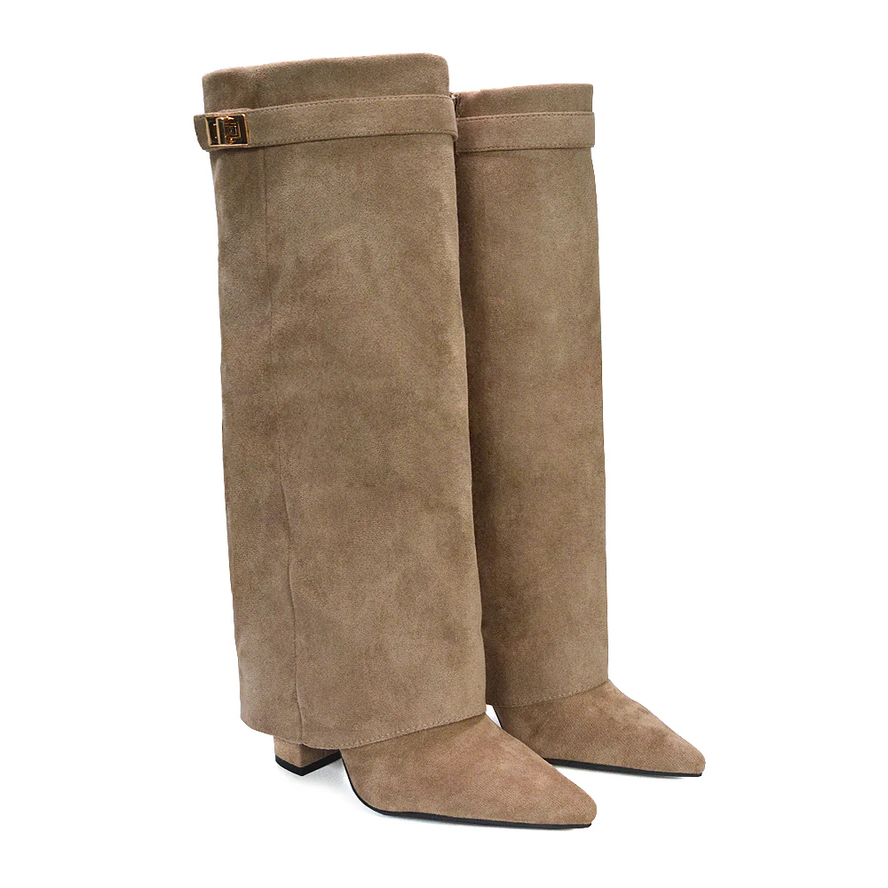 Rayna Pointed Toe Fold Over Knee High Boots With Block Heel in Taupe Faux Suede - Image 4