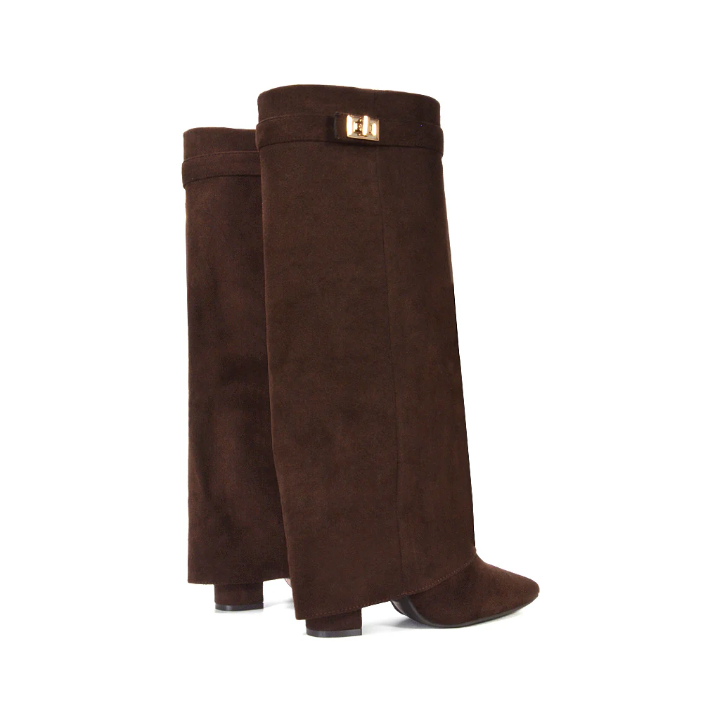 Rayna Pointed Toe Fold Over Knee High Boots With Block Heel in Taupe Faux Suede - Image 9