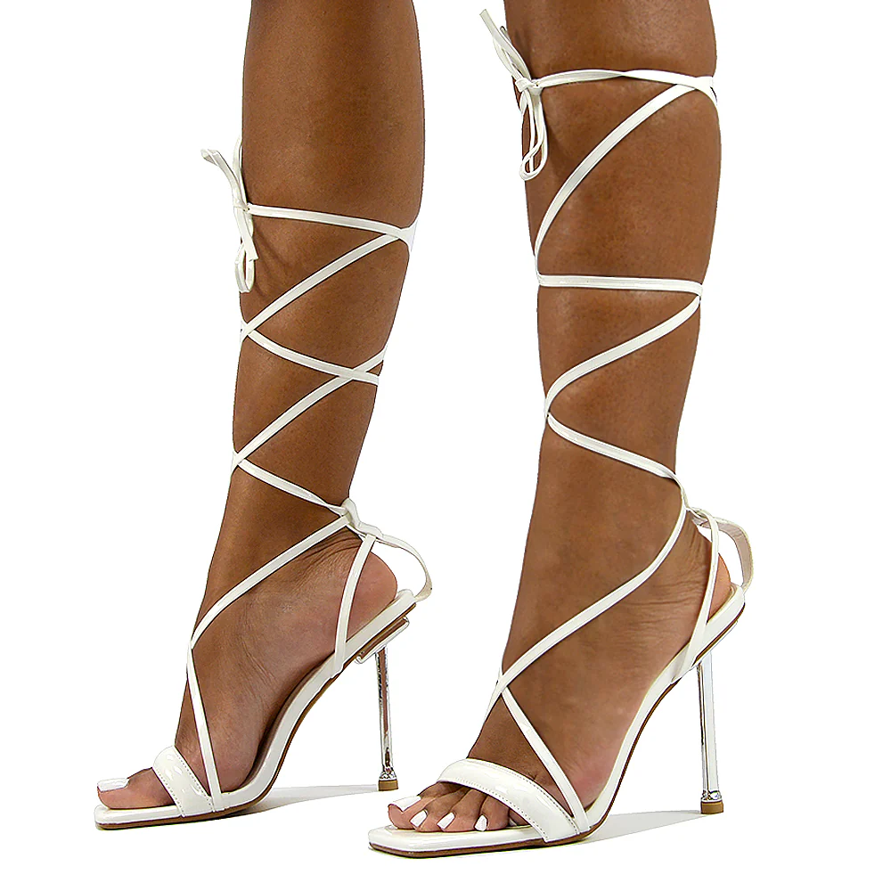 Rayne Square Toe Lace Up Strappy Metallic Stiletto High Heel Sandals in White Patent - Image 4
