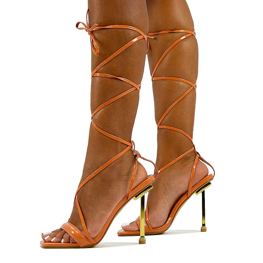 Rayne Square Toe Lace Up Strappy Metallic Stiletto High Heel Sandals in White Patent - Image 58
