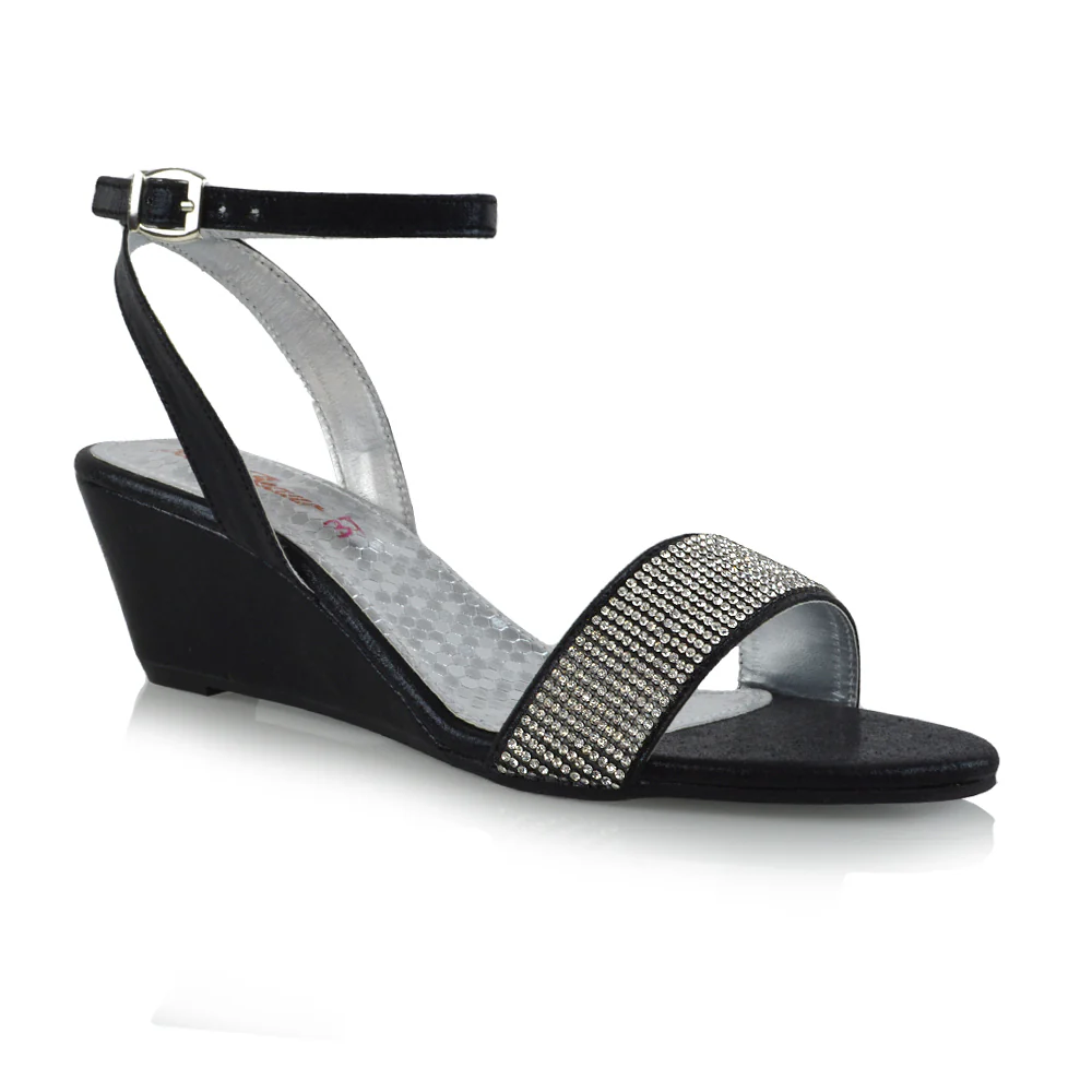 REAGAN DIAMANTE SPARKLY FRONT STRAP BUCKLE DETAIL SANDAL WEDGE LOW HEELS IN BLACK - Image 12