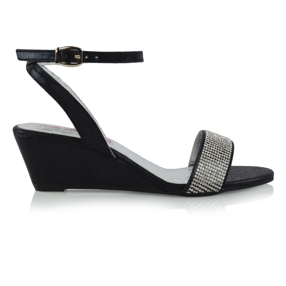 REAGAN DIAMANTE SPARKLY FRONT STRAP BUCKLE DETAIL SANDAL WEDGE LOW HEELS IN BLACK - Image 16