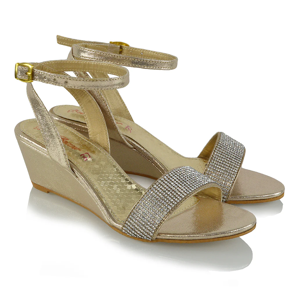 REAGAN DIAMANTE SPARKLY FRONT STRAP BUCKLE DETAIL SANDAL WEDGE LOW HEELS IN GOLD - Image 23